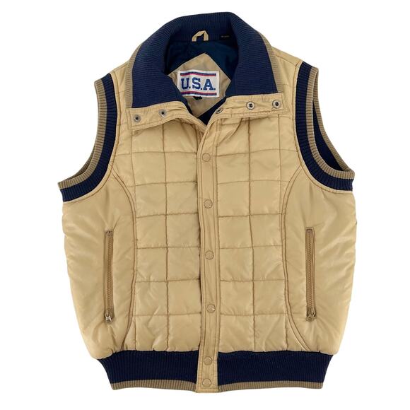 tan puffer vest with navy trim - Picture 1 of 5